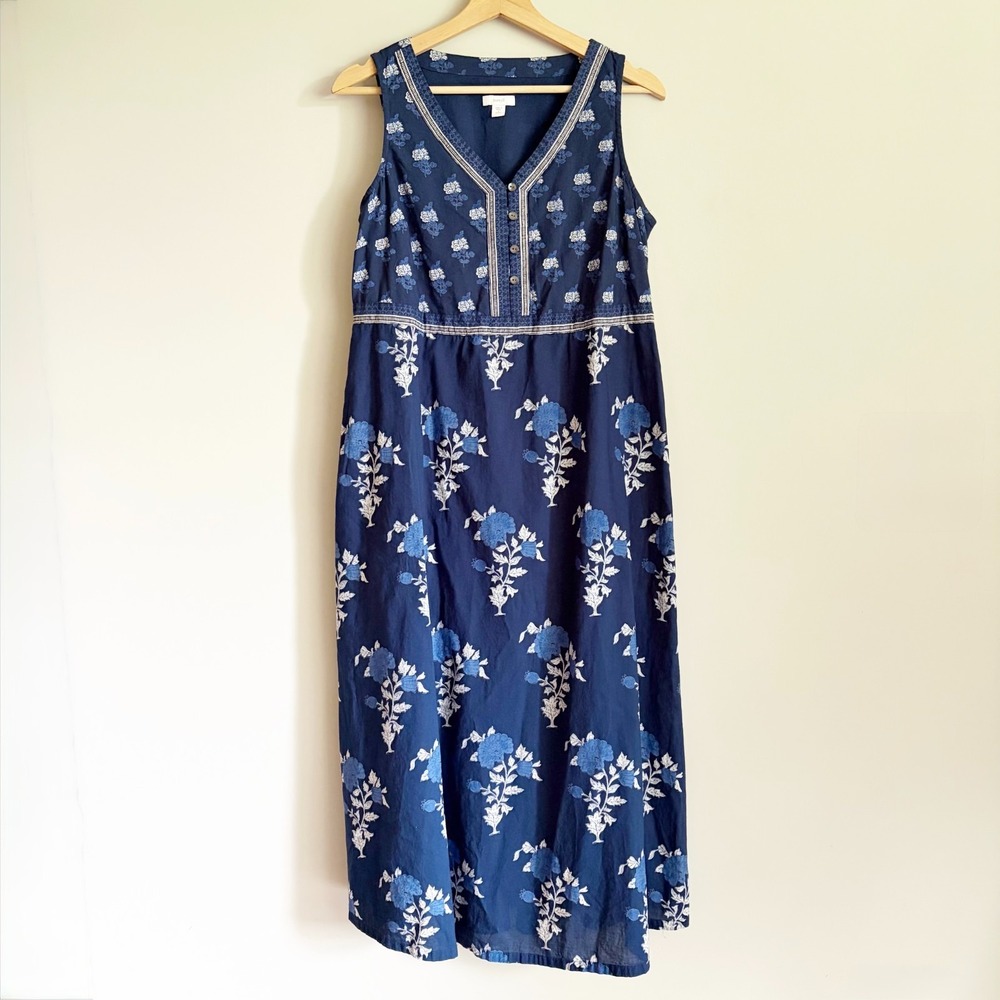 Pure Jill J Jill Womens Cotton Maxi Dress Size Small Petite Blue Floral V-Neck